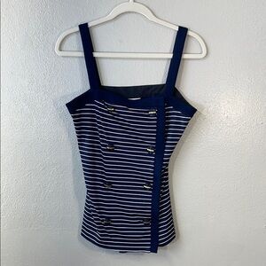 Joseph Ribkoff Creations Striped Knit Tank Top Gold Button Nautical Navy Classic